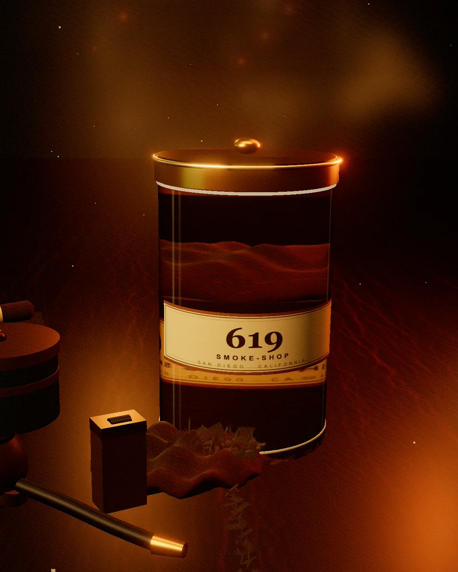 A glass jar of loose tobacco with a cream 619 Smoke-Shop label, lit warmly on a walnut counter.
