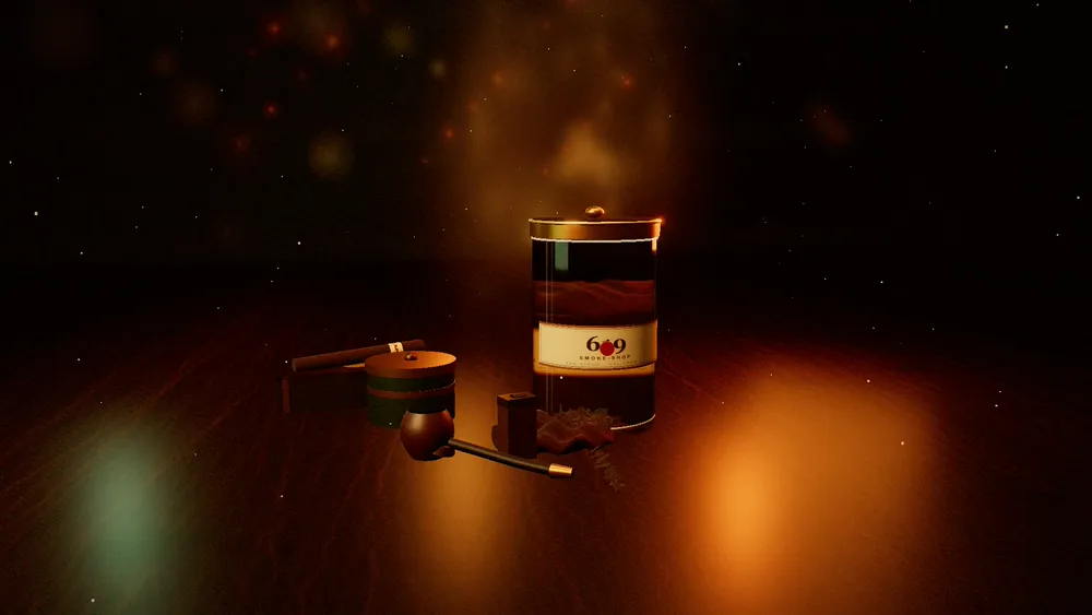 A warm still life of a 619 Smoke-Shop tobacco jar, pipe, tin, and cigar on a walnut counter.