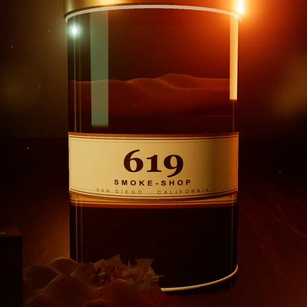 Close-up of the 619 Smoke-Shop jar label and a brass lid.
